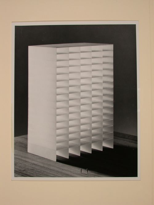 Photograph of a student [?] model for a building with concrete cross wall structural framework, Sequence of Tall Buildings