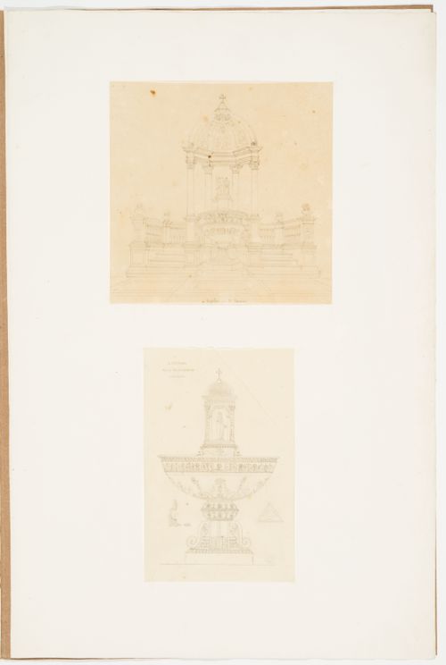 Interior perspective of a baptismal font, ciborium and the surrounding platform, from the Cathedral of S. Gennaro, Naples; Elevation of a baptismal font from the the Cathedral of San Lorenzo, Viterbo