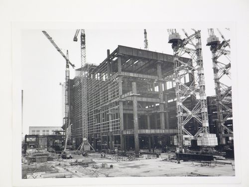 View of construction of steel structure for power station, from exterior, United Kingdom