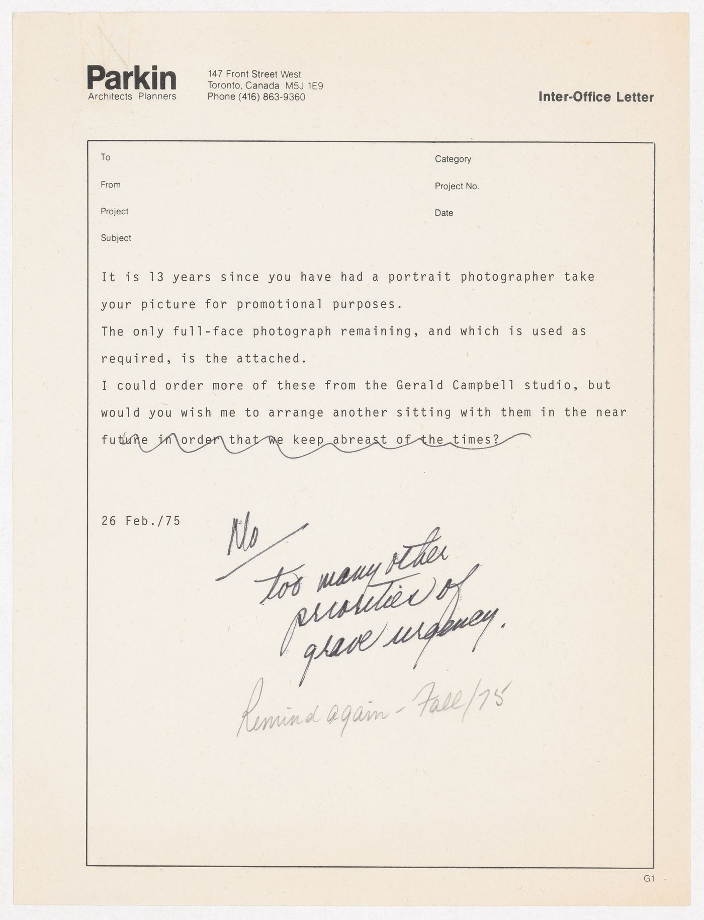 Letter for ordering portraits of John C. Parkin