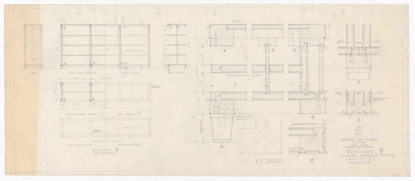 Plan, élévation, coupes et détails de la bibliothèque "B" pour Cour suprême du Canada, Ottawa, Ontario