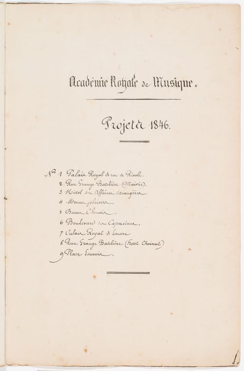 Table of contents listing nine possible locations for an opera house for the Académie royale de musique; verso: Project no. 1: Site analysis and cost estimate for an opera house for the Académie royale de musique, place du Palais Royal and rue de Rivoli
