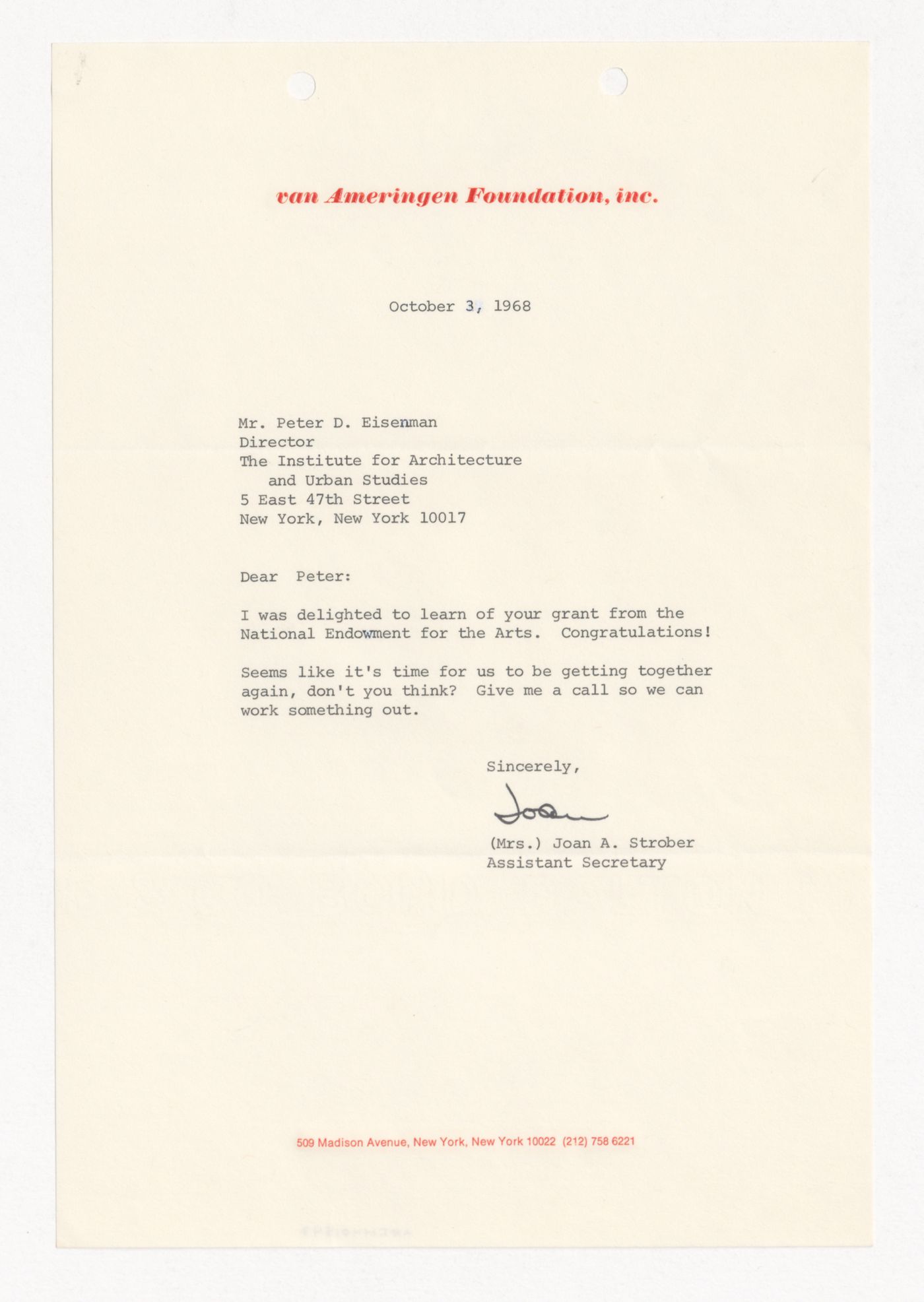 Letter from Joan A. Strober to Peter D. Eisenman about a grant from the National Endowment for the Arts (NEA)