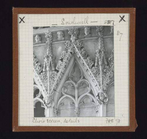Detail view of top of choir screen of Southwell Minster, Southwell, Nottinghamshire, England