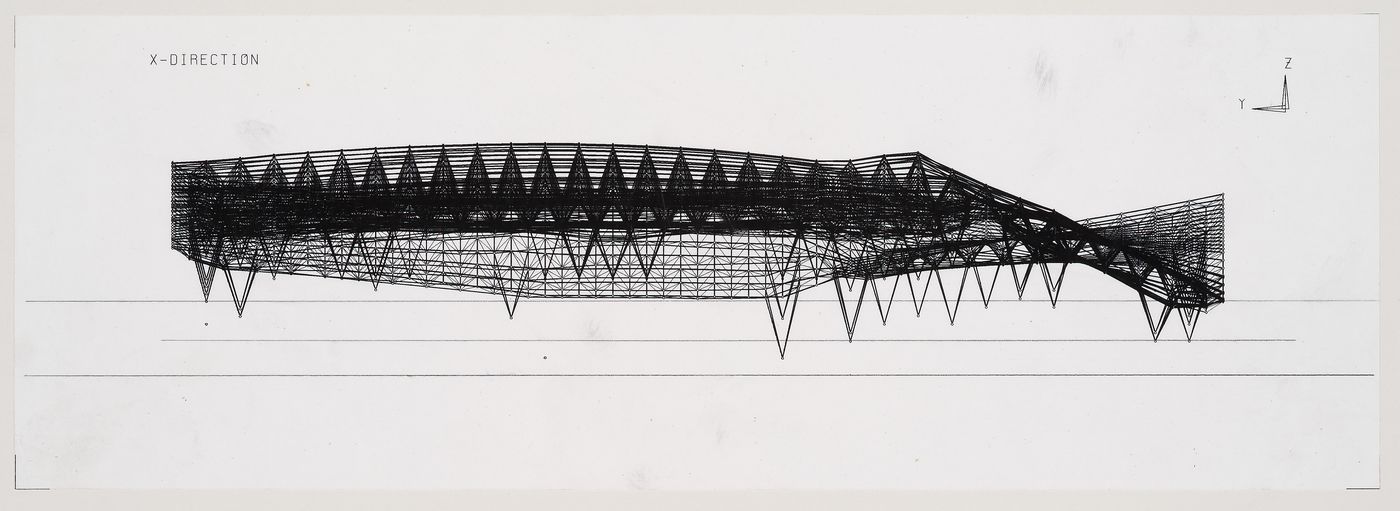 Computer-generated image showing deformation of roof, Odawara Municipal Sports Complex, Odawara, Kanagawa, Japan