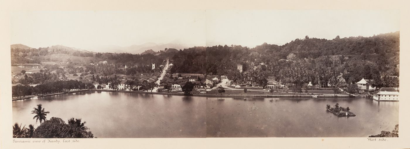 Panorama of Kandy and Kandy Lake showing D.S. Senanayake Vidiya, St. Paul's Church and The Temple of the Tooth (also known as the Sri Dalada Maligawa), Ceylon (now Sri Lanka)