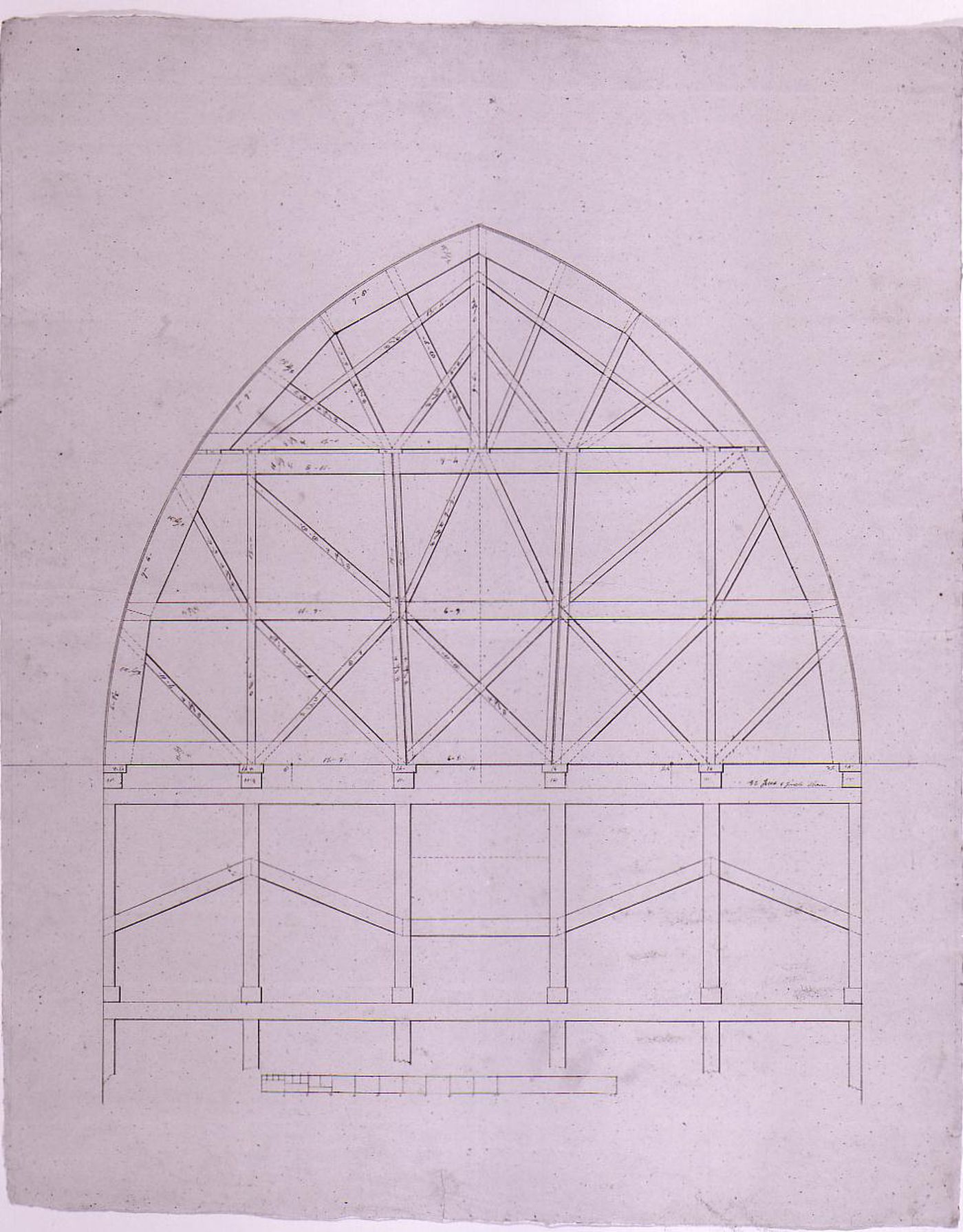 Structural drawing showing the trusses for the altar wall window for Notre-Dame de Montréal