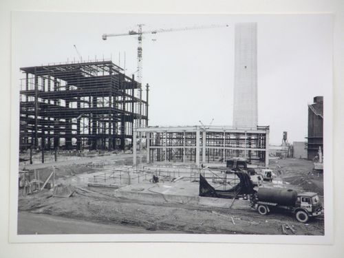 View of construction of steel structure for power station, United Kingdom
