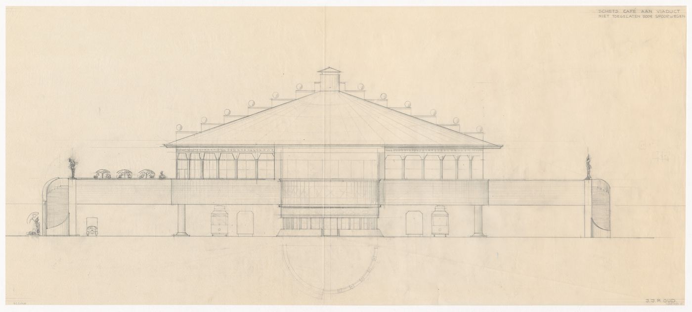 Elevation and partial plan for Café Viaduct for the reconstruction of the Hofplein (city centre), Rotterdam, Netherlands