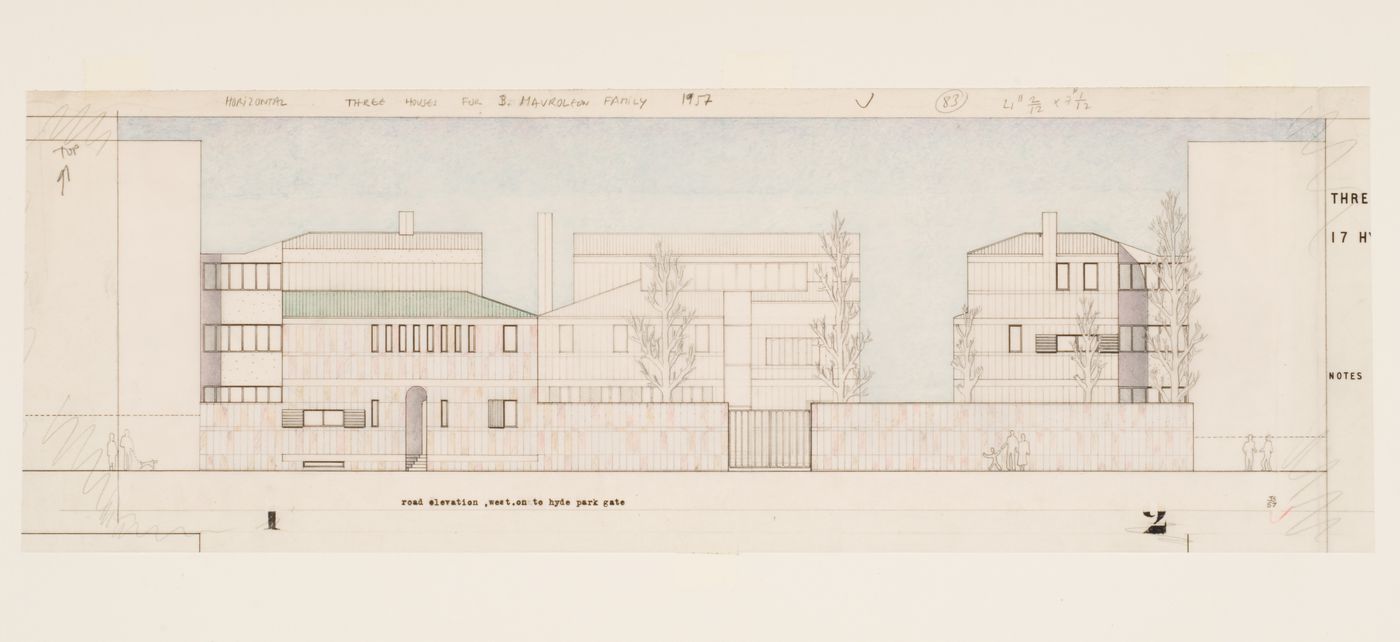 Three Houses for B. Mavrolean Family, London (competition entry): west elevation from road