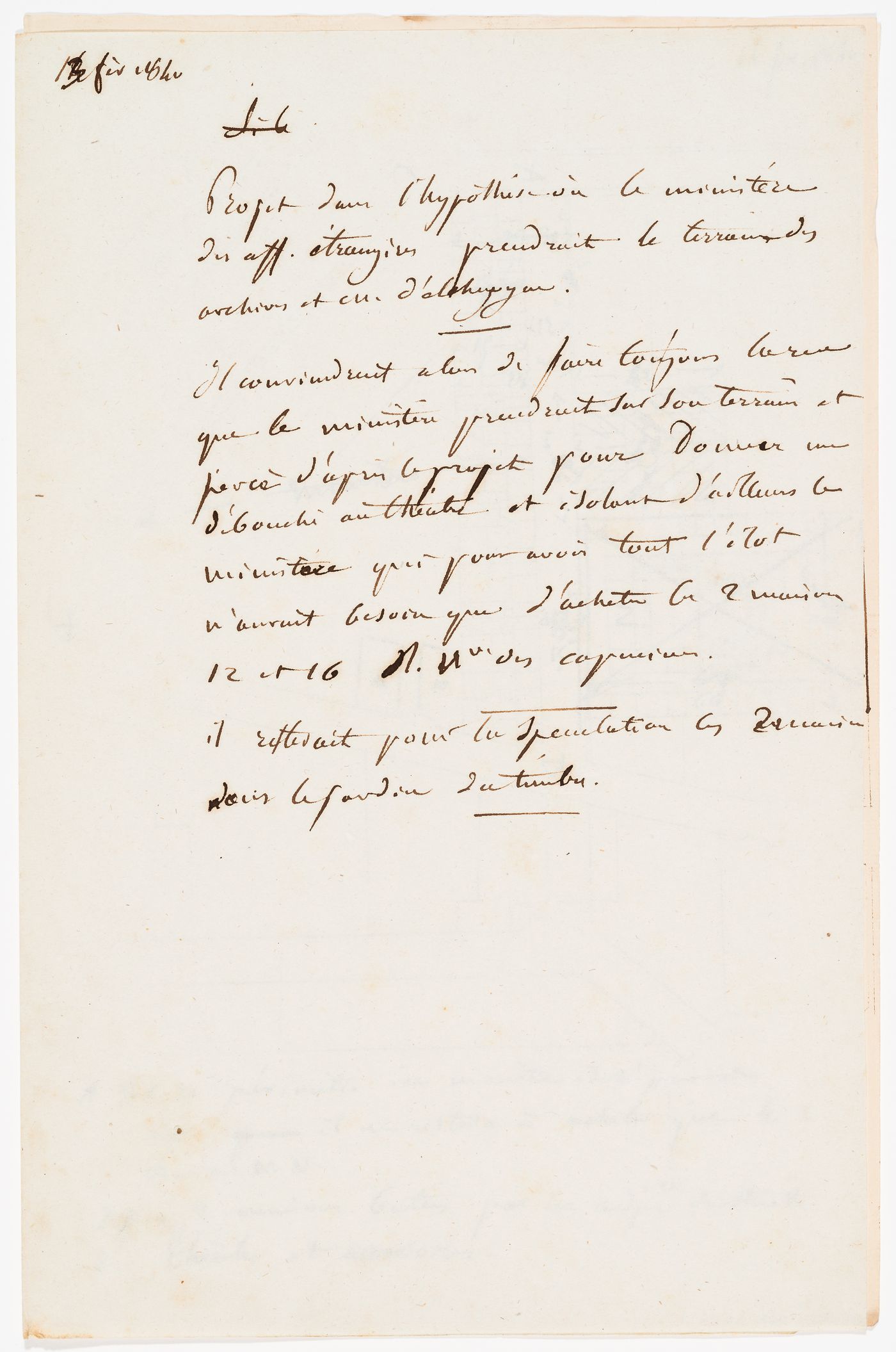 Cost estimates, projected rental incomes, and a site plan for an opera house for the Théâtre Royal Italien and surrounding infrastructure on the Ministère des Affaires Étrangères and the Hôtel du Timbre site