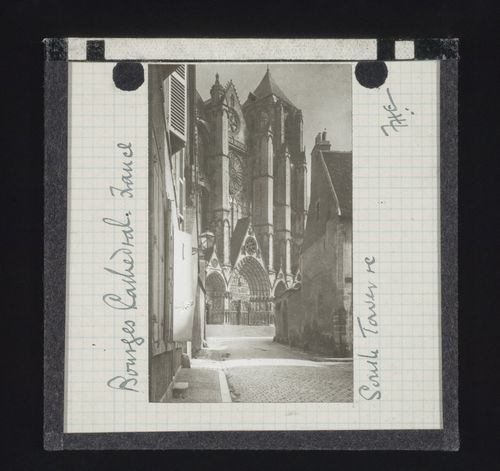 View of south tower and facade of Cathédrale Saint-Etienne de Bourges from the street, Bourges, France