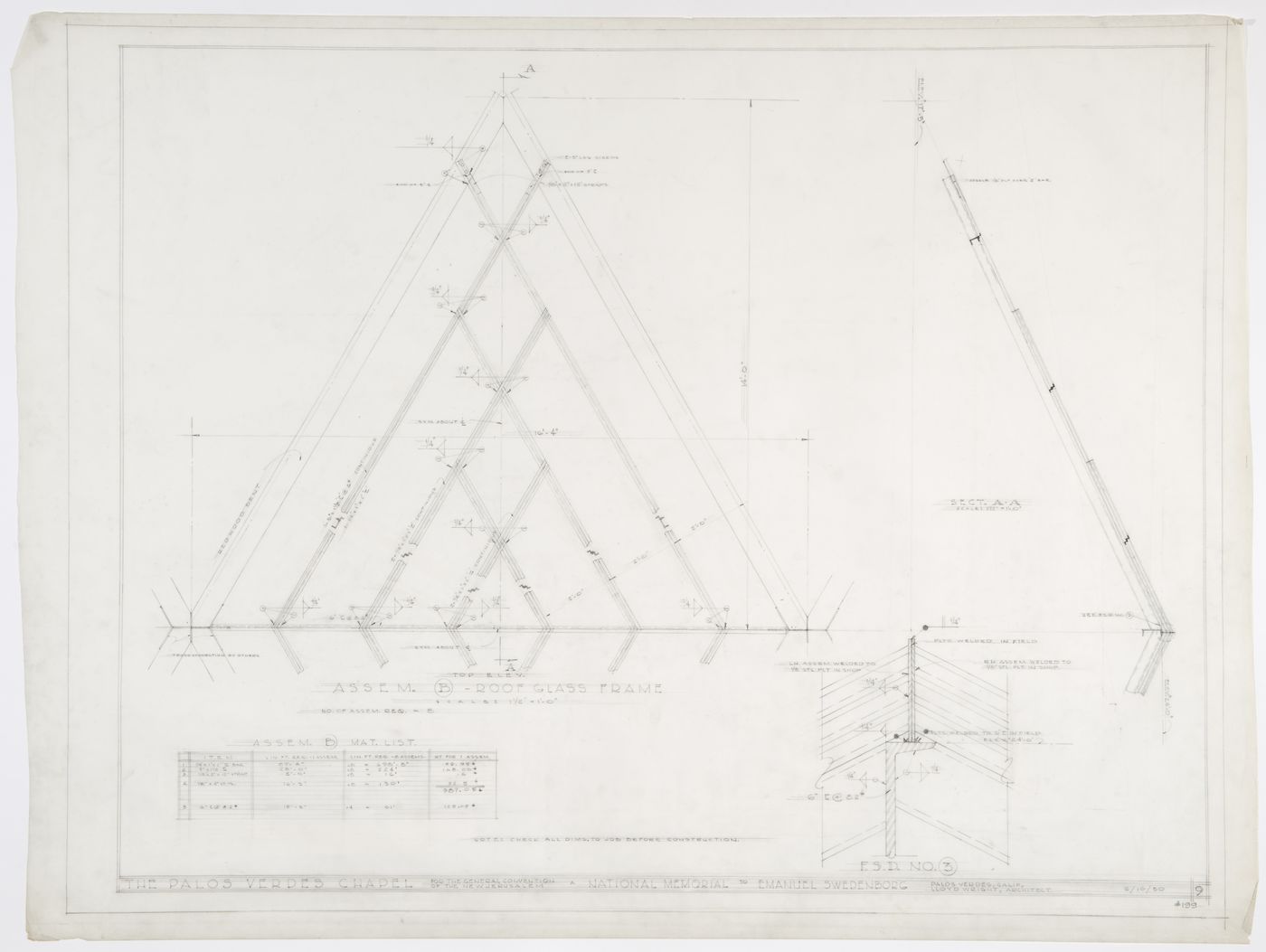 Wayfarers' Chapel, Palos Verdes, California: Plan and sections for assembly of glass frame for roof