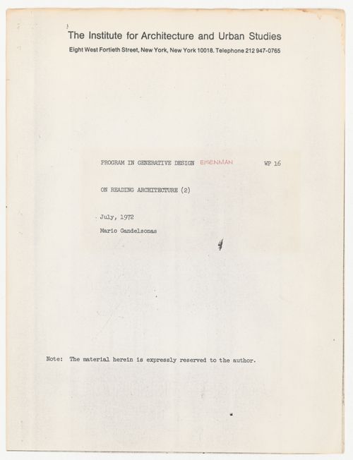 Draft text of "On reading architecture (2)" with corrections and annotations for Program in Generative Design