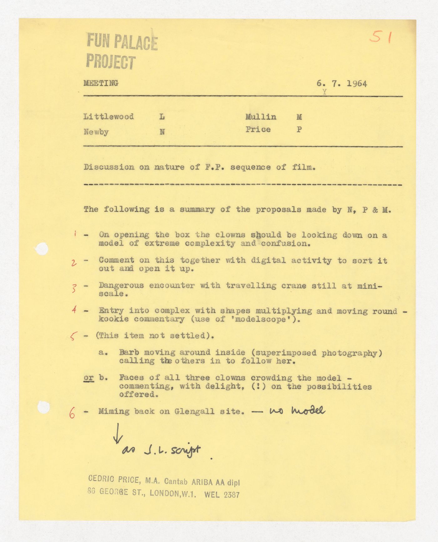 Meeting notes regarding the nature of the sequence of the Fun Palace Project film