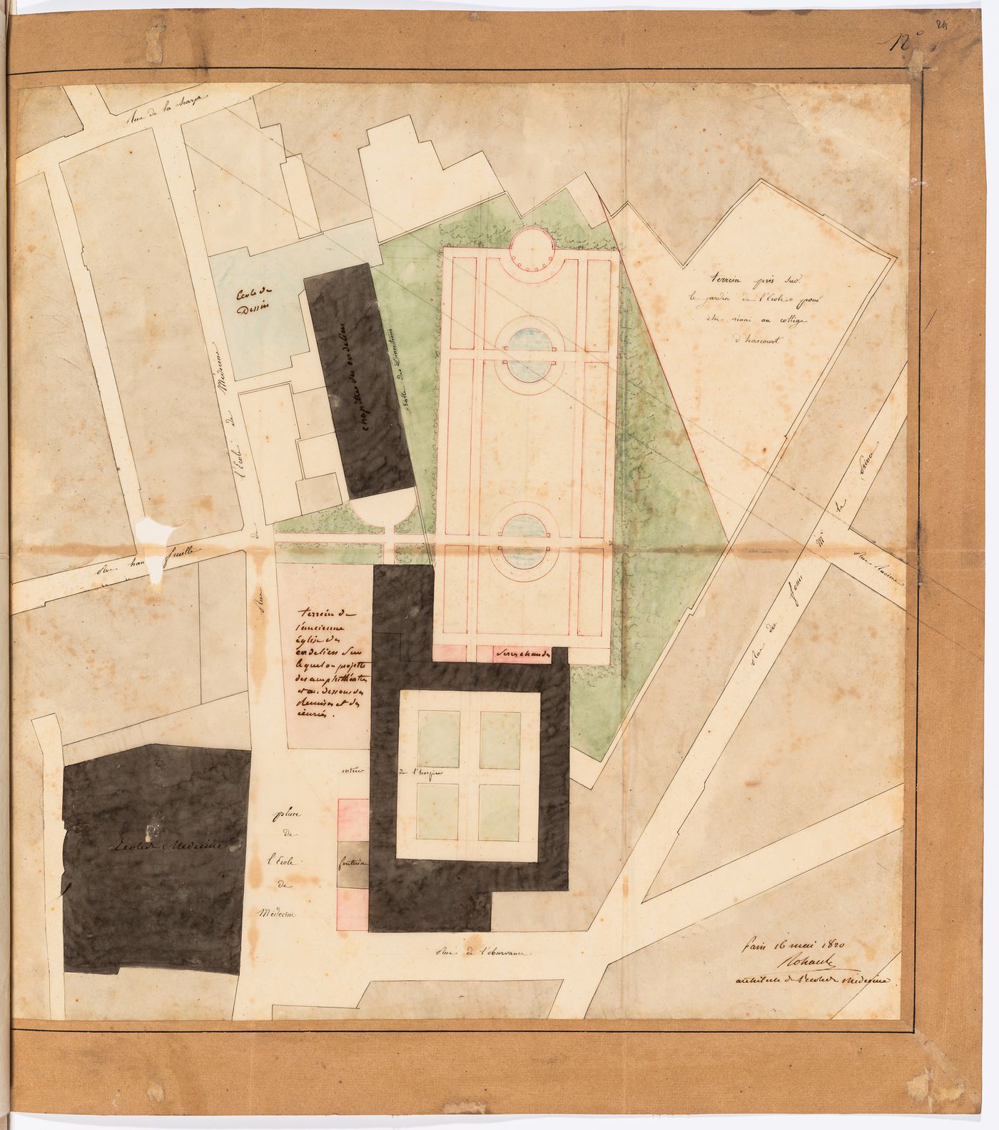 Project for the redevelopment of the École de médecine and surrounding area, Paris: Site plan showing the addition for the Clinique de l'École de médecine, other medical buildings and new streets