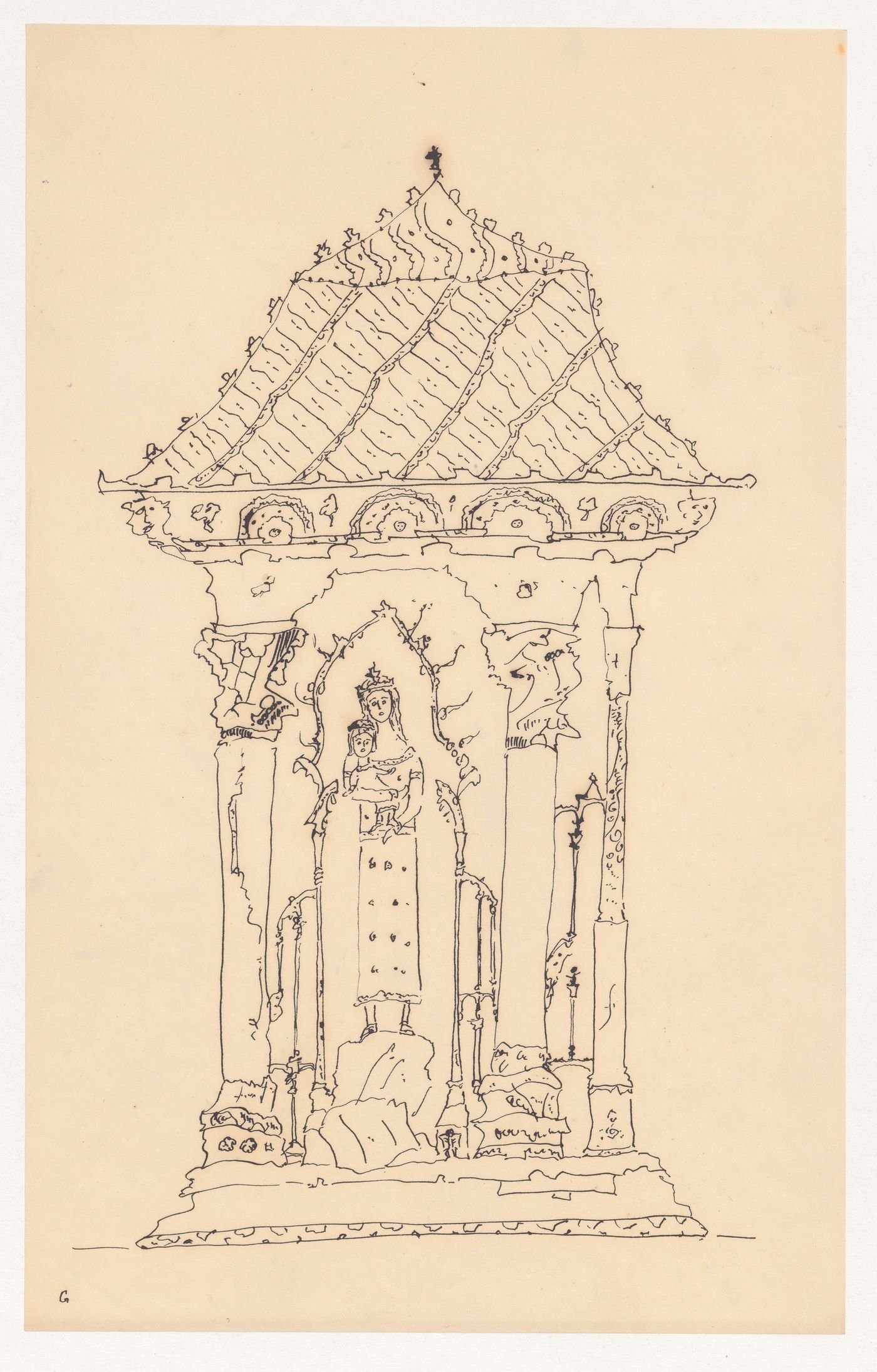 Visionary design for a pavilion with two figures, possibly the Madonna and Child