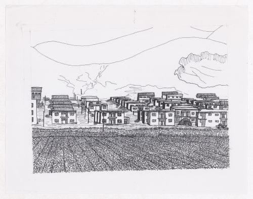 Sketch of illustration showing the Weinin Cun village in the Lianin province for "Housing a Billion: Village Upgrading: Jianlu, China" publication