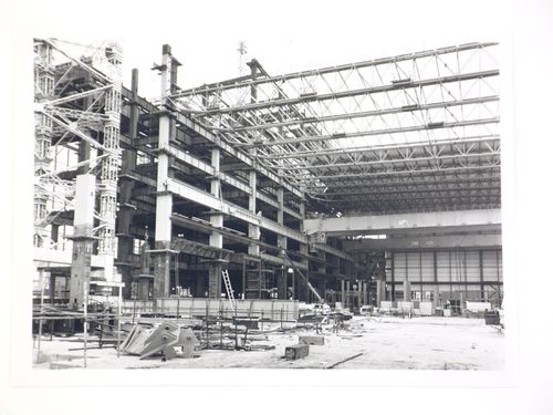 View of construction of steel structure for power station, United Kingdom