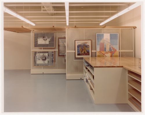 Interior view of the Prints and Drawings Collection storage vault on level 2 showing presentation drawings hung on storage racks, Canadian Centre for Architecture, Montréal, Québec