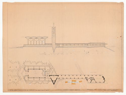 Wayfarers' Chapel, Palos Verdes, California: Preparatory presentation drawing for south elevation and plan for chapel, vestry, campanile, cloister and parish house