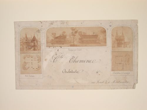 Advertisement for Charles Thomine, architect, showing three of his designs for buildings