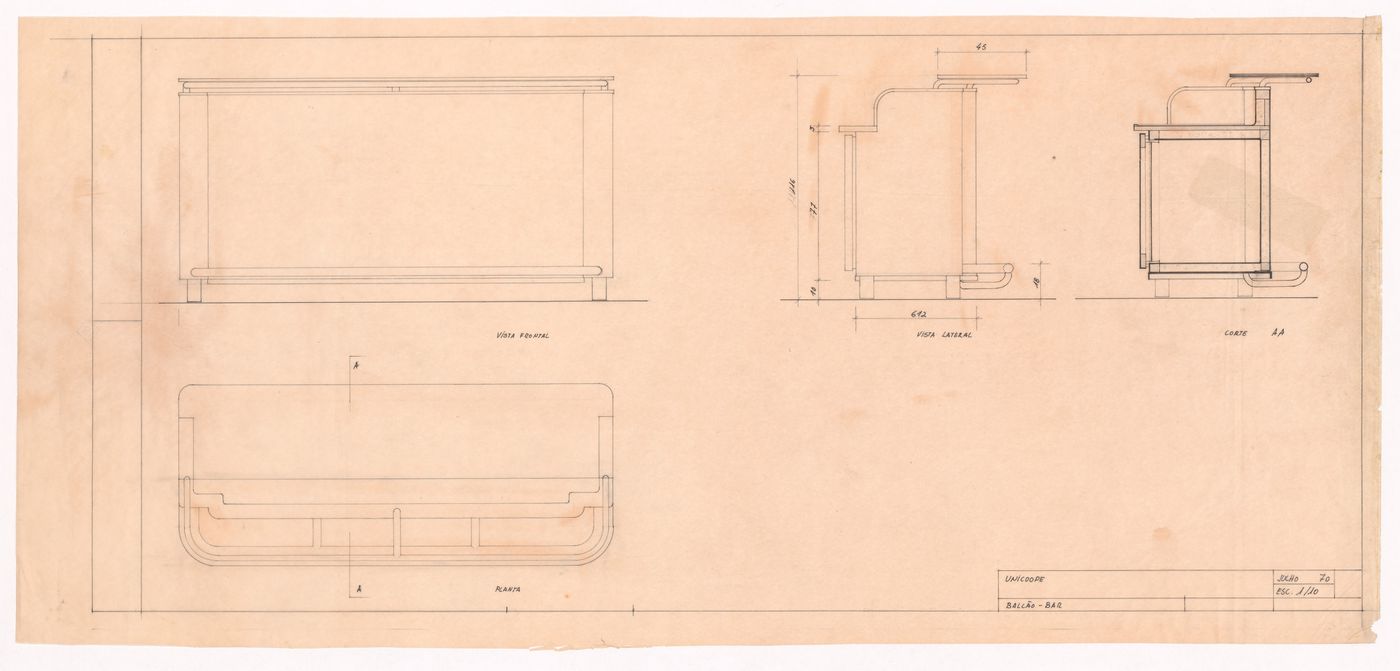 Plan, elevations and section of the bar for Cooperativa Unicoope Domus / Boavista , Porto, Portugal