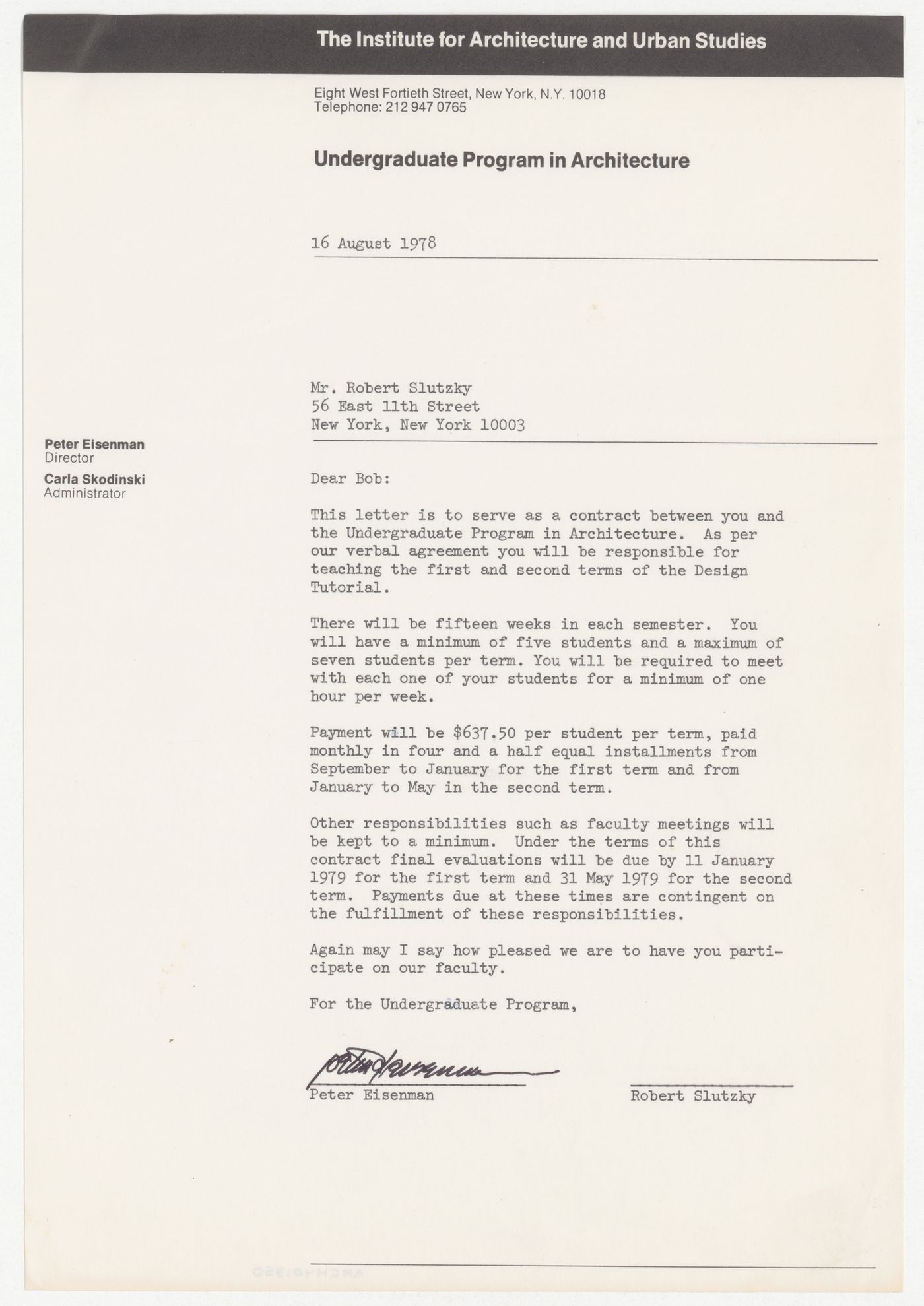 Contract letter from Peter D. Eisenman to Robert Slutzky for teaching work in the Undergraduate Program in Architecture at IAUS