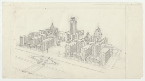 Perspective aérienne, pavillon principal et campus, Université de Montréal, Montréal, Canada (1924-1947)