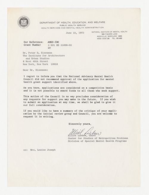 Letter from Elliot Liebow to Peter D. Eisenman about funding for the Program in Generative Design from the National Institute of Mental Health (NIMH) / Department of Health, Education, and Welfare