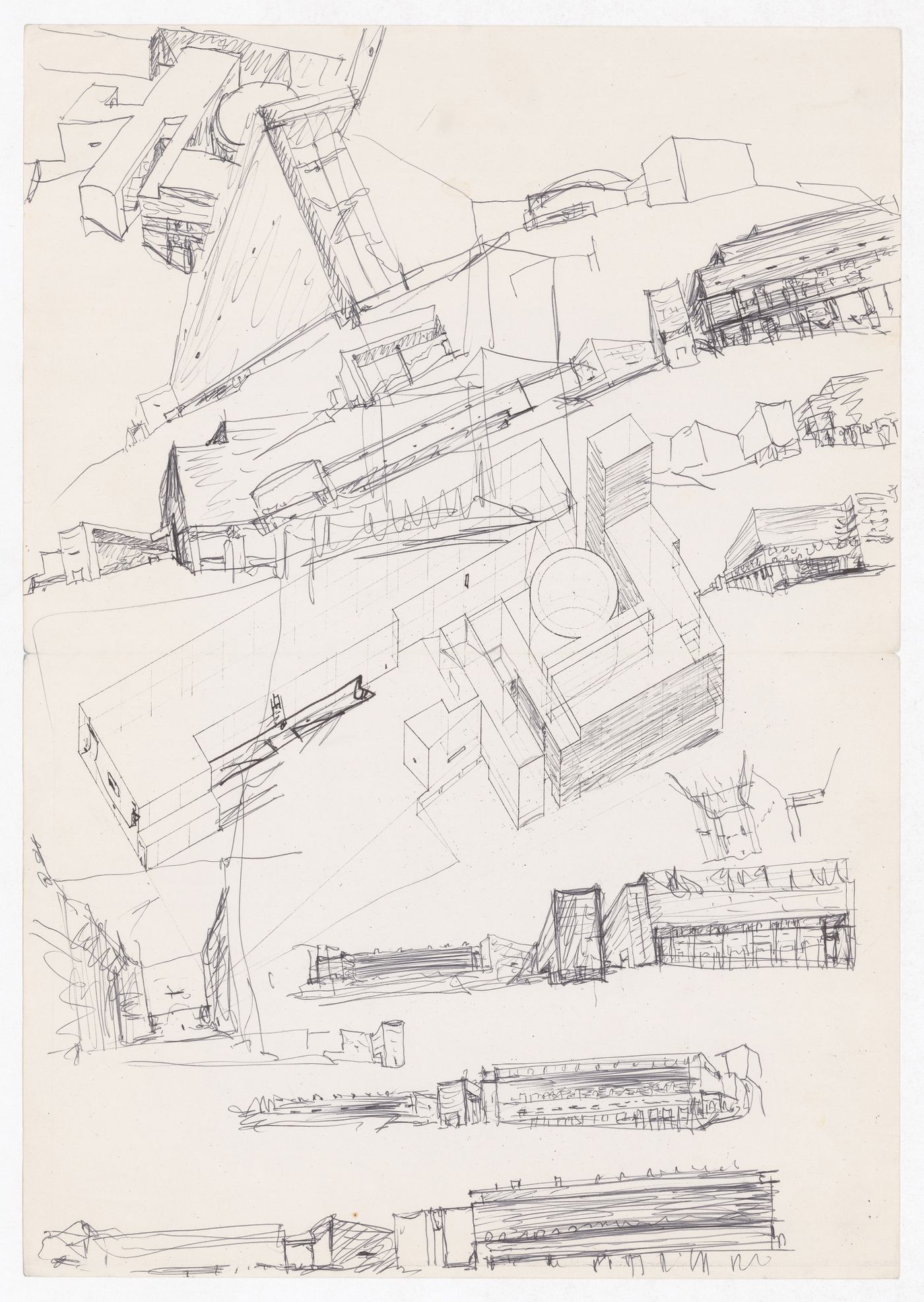 Sketch axonometric views, perspectives, and sections for Centro Cultural de la Defensa - 1º Fase - 2º Fase, Madrid, Spain