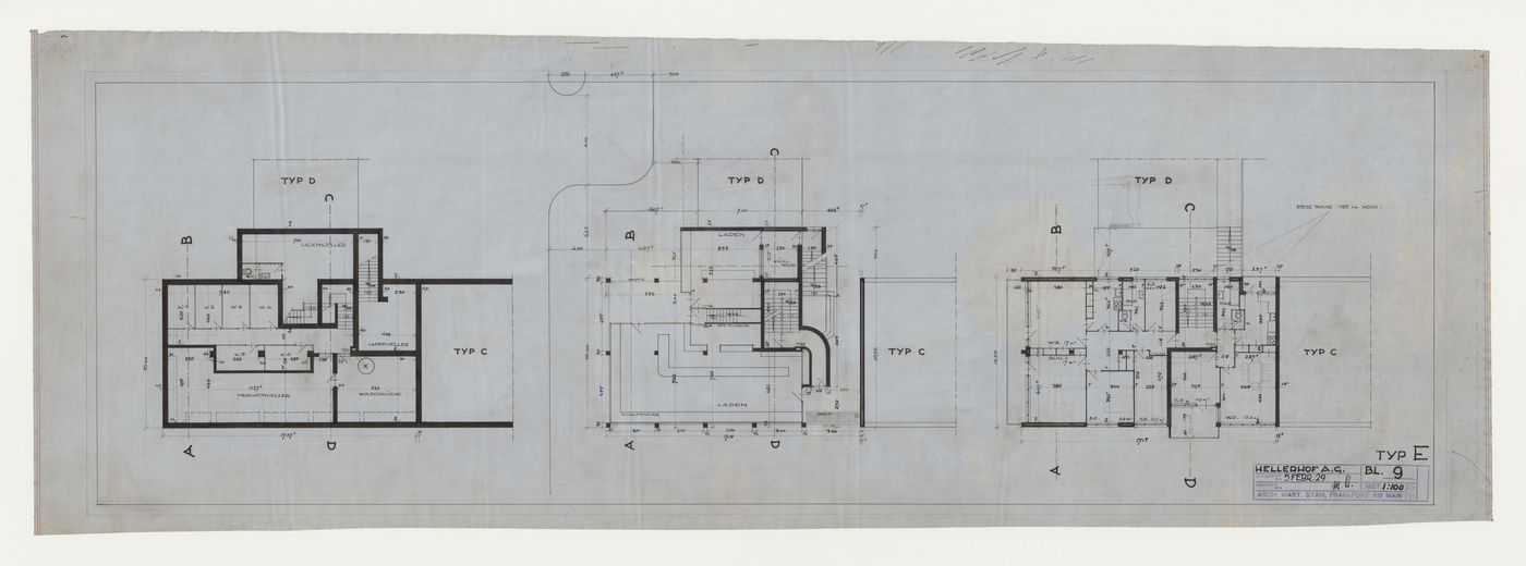 Basement, ground, and first floor plans for a type E store and housing unit, Hellerhof Housing Estate, Frankfurt am Main, Germany