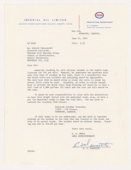 Letter from L.E. Snell to Witold Rybczynski about the transport of sulphur to Saddle Lake, Alberta