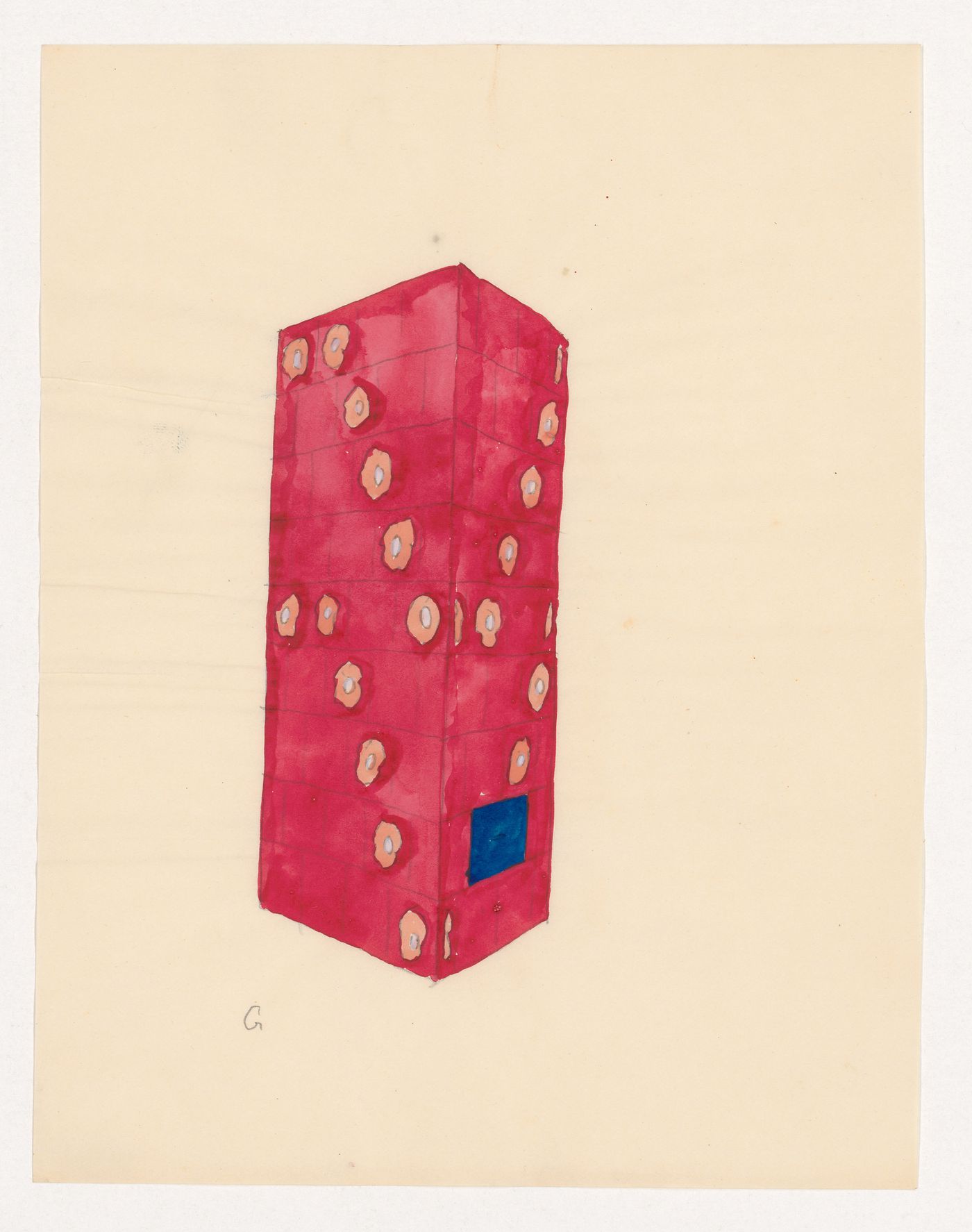 Perspective sketch for red tiled stove decorated with pink flower motifs