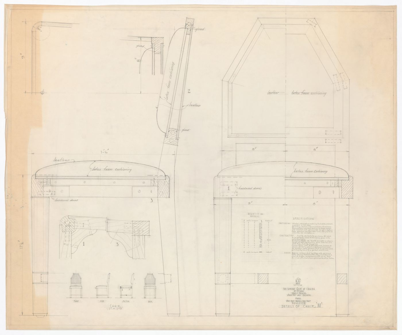 Élévations, coupes et détails de la chaise "M" pour Cour suprême du Canada, Ottawa, Ontario