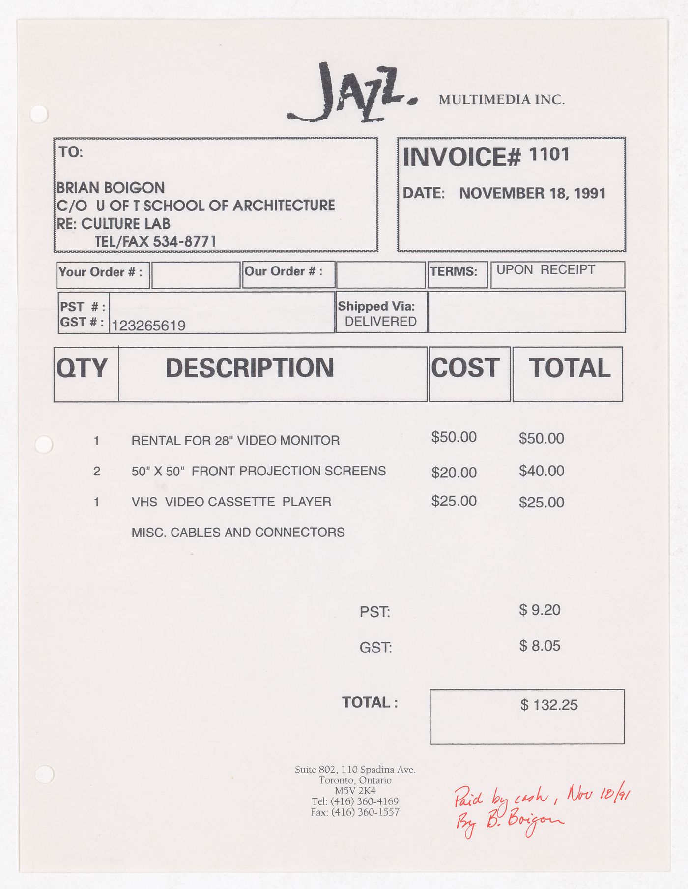 Invoice for equipment rental for Culture Lab