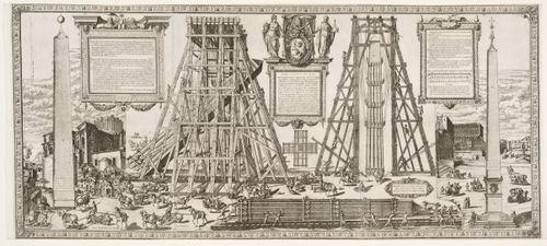 Plan, Elevation, and Perspective of the Castello Used in the Transportation of the Vatican Obelisk; and Views of the Original and Final Location of the Obelisk