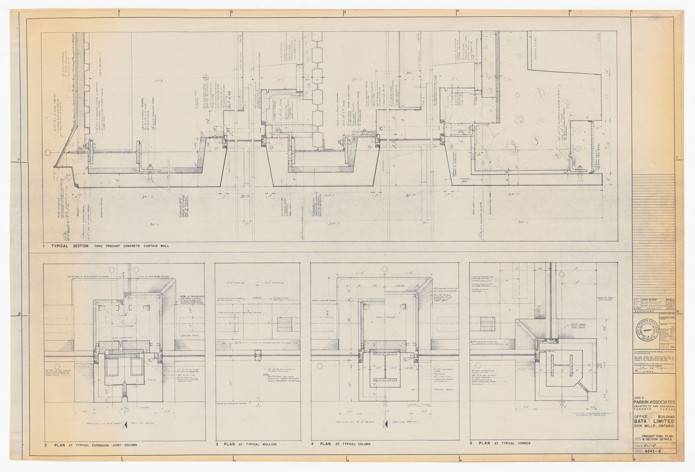 Precast concrete plan and section details for Bata Limited Office Building, Don Mills, Ontario