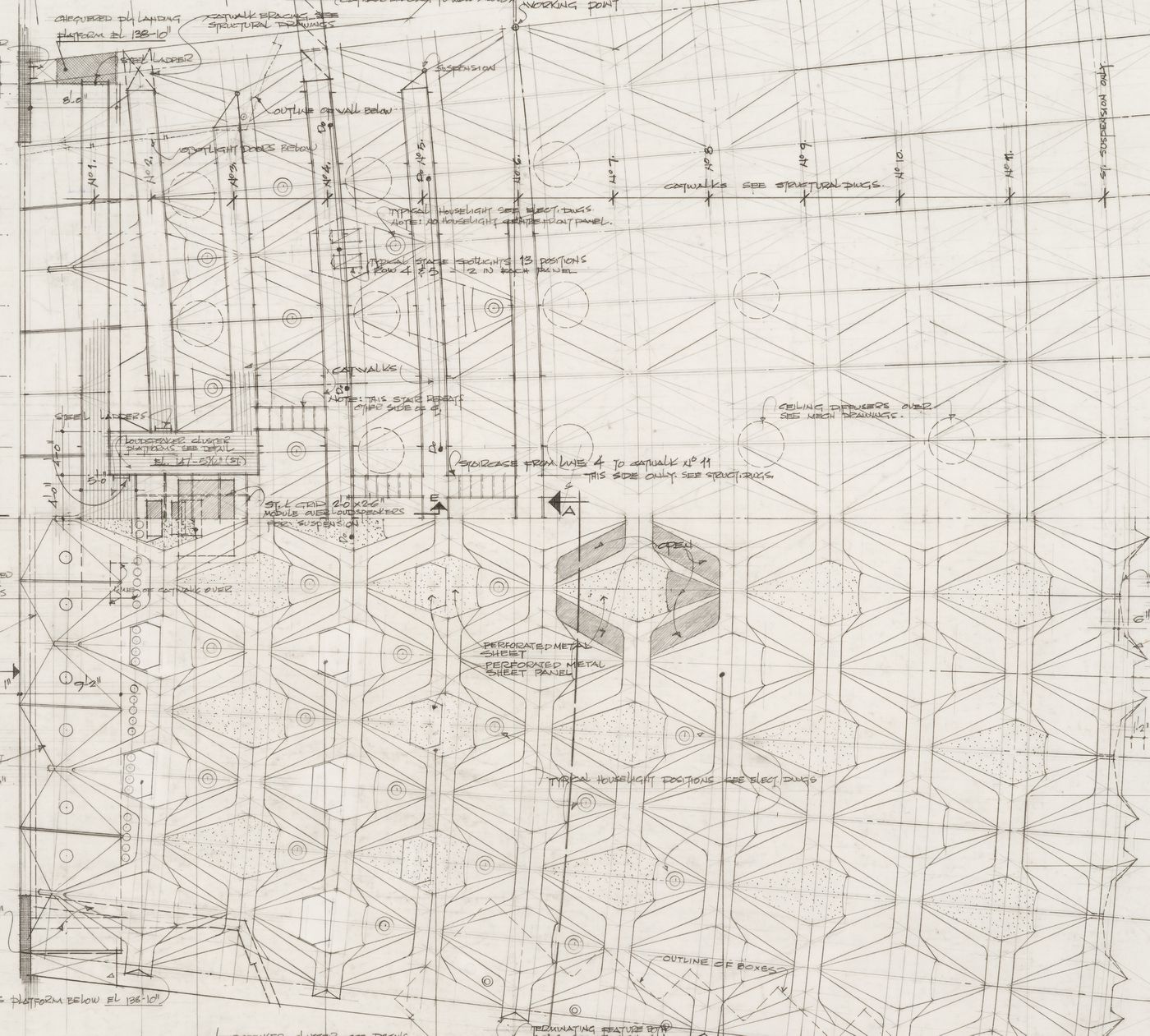 Grande Salle, Place des Arts, Montréal, Québec: plan, sections and details of precast plaster cloud ceiling