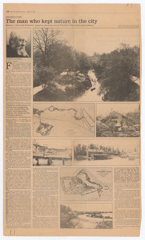 Newspaper clipping on Olmsted in the Boston Sunday Globe for the exhibition Olmsted: L'origine del parco urbano e del parco naturale contemporaneo
