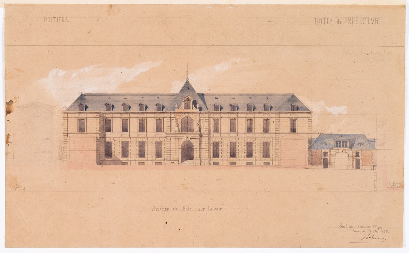 Project for a Hôtel de préfecture, Poitiers: Elevation for the principal façade for the Hôtel du Préfet; verso: Plan of an unidentified building