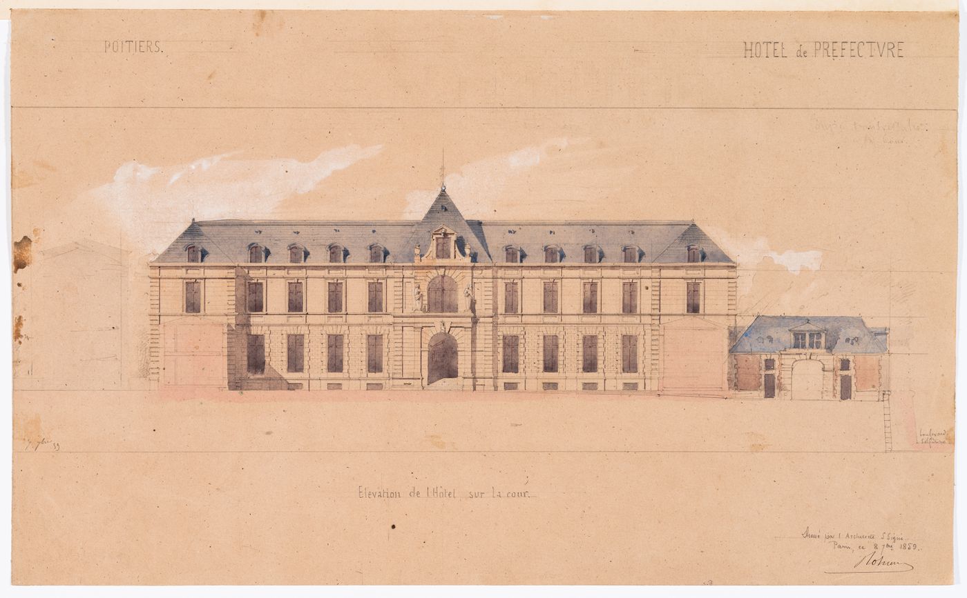 Project for a Hôtel de préfecture, Poitiers: Elevation for the principal façade for the Hôtel du Préfet; verso: Plan of an unidentified building