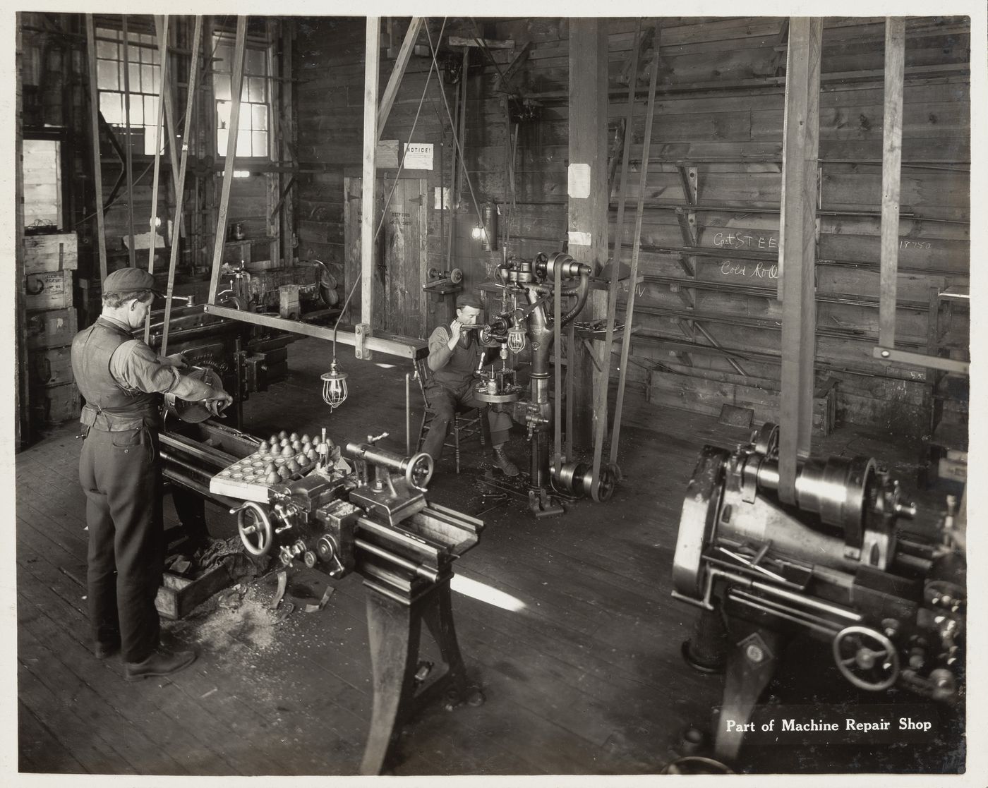 Interior view of machine repair shop at the Energite Explosives Plant No. 3, the Shell Loading Plant, Renfrew, Ontario, Canada