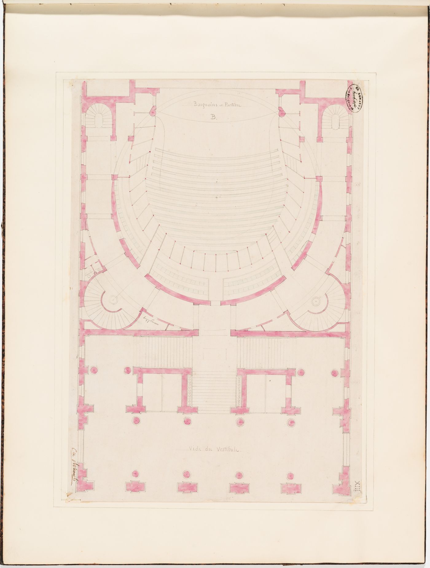 Partial plan for the "baignoires et parterre", level B, of the Théâtre Royal Italien