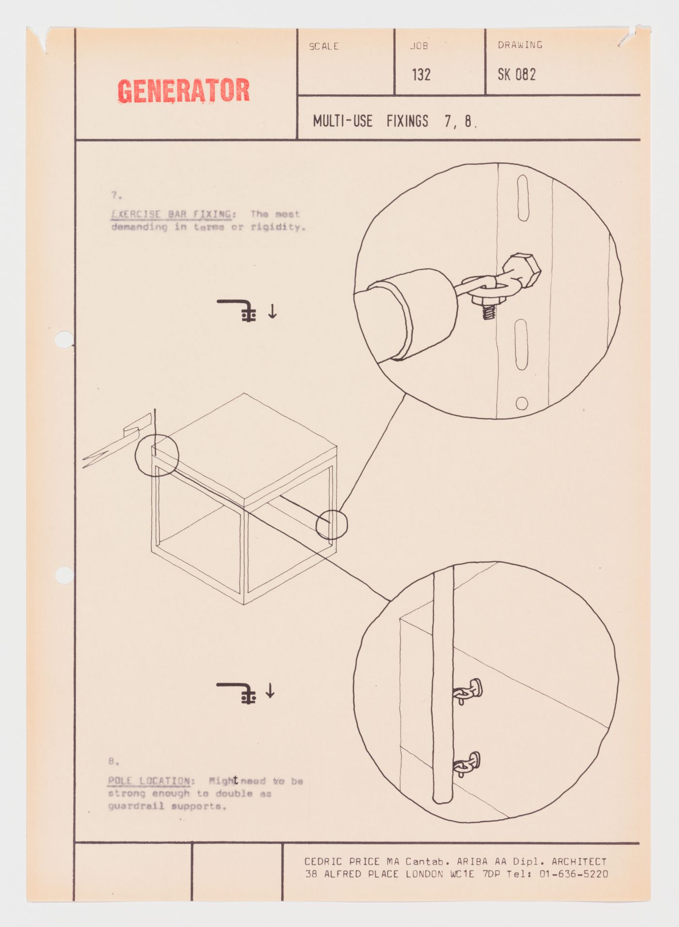 Generator project, White Oak Plantation, Yulee Florida: perspective view of cube with detail views of hardware for exercise bar and pole