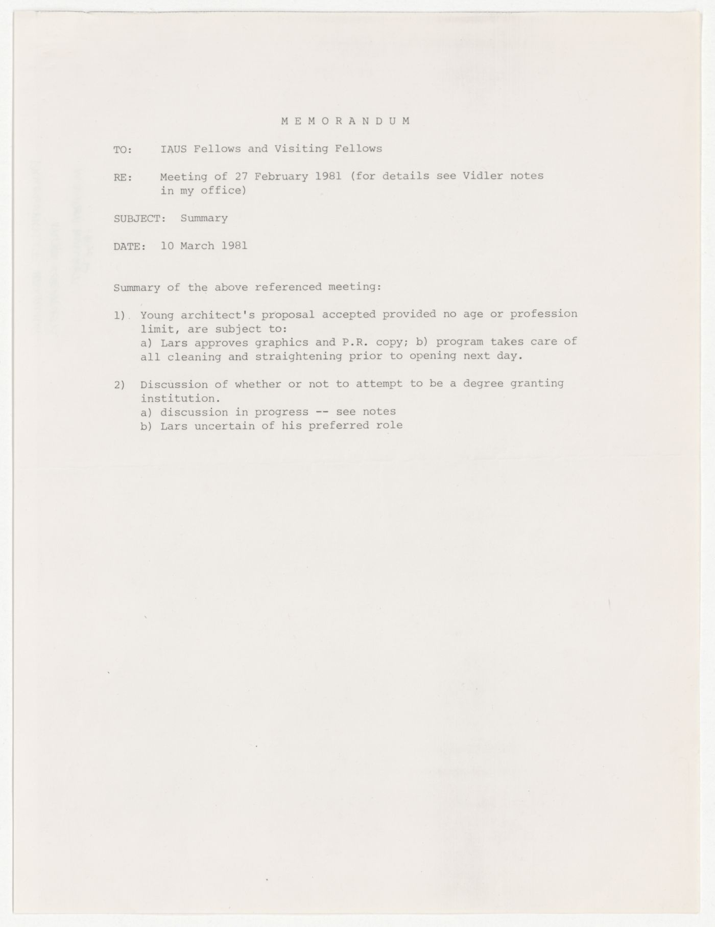 Memorandum to the Fellows and visiting Fellows summarizing meeting of February 27th 1981