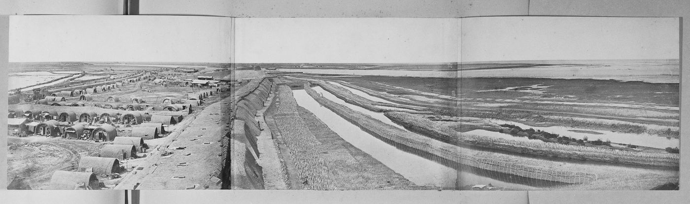 Panorama showing part of the Great South Taku Fort and the Pei (now Hai) River delta, with the upper South Taku Fort, the Upper North Taku Fort and the Lower North Taku Fort in the background, Taku (now Dagu), near Tientsin (now Tianjin), China