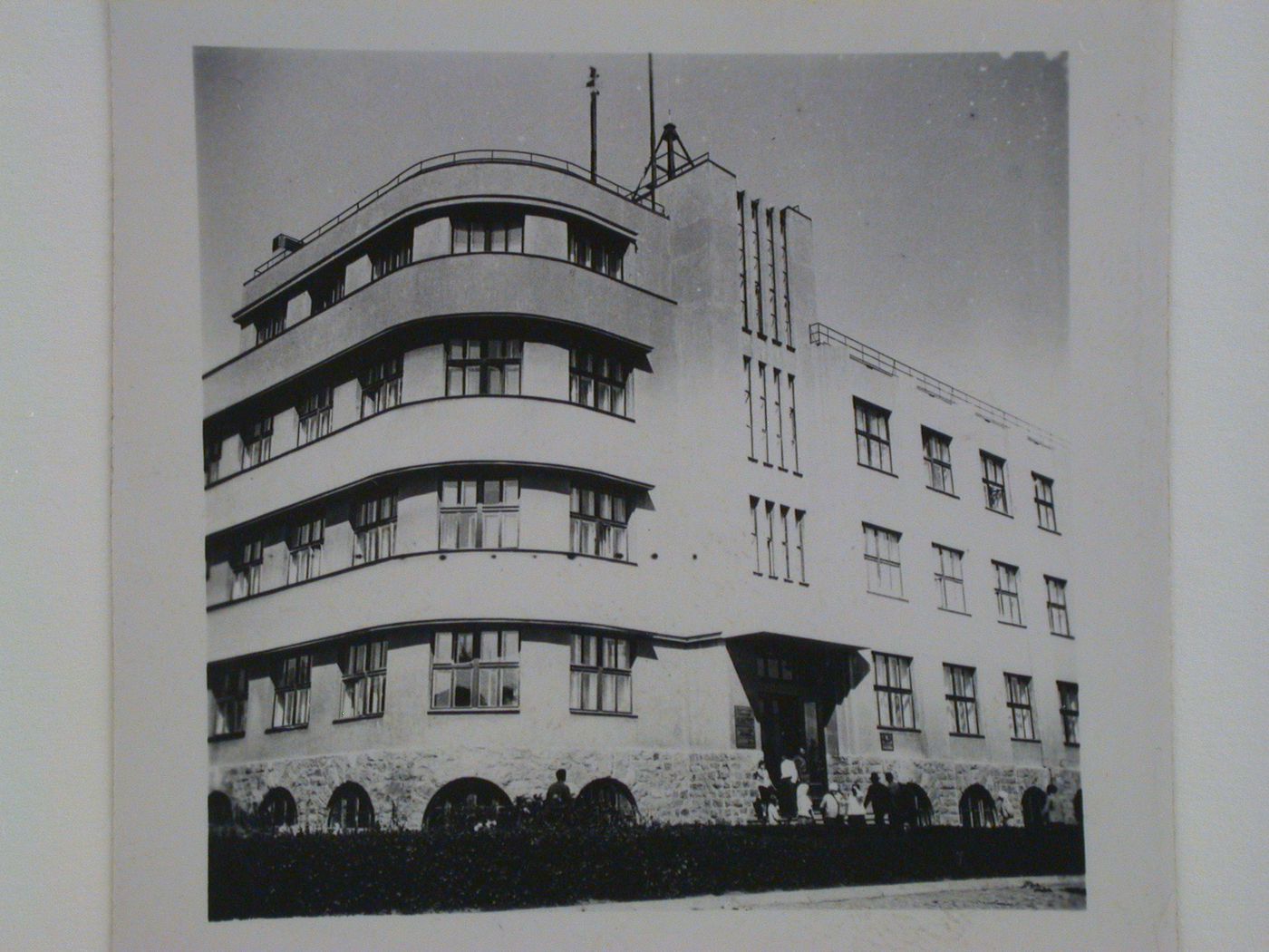 View of the principal façade of the Dneprostroi Head Office building, Zaporozhe, Soviet Union (now in Ukraine)