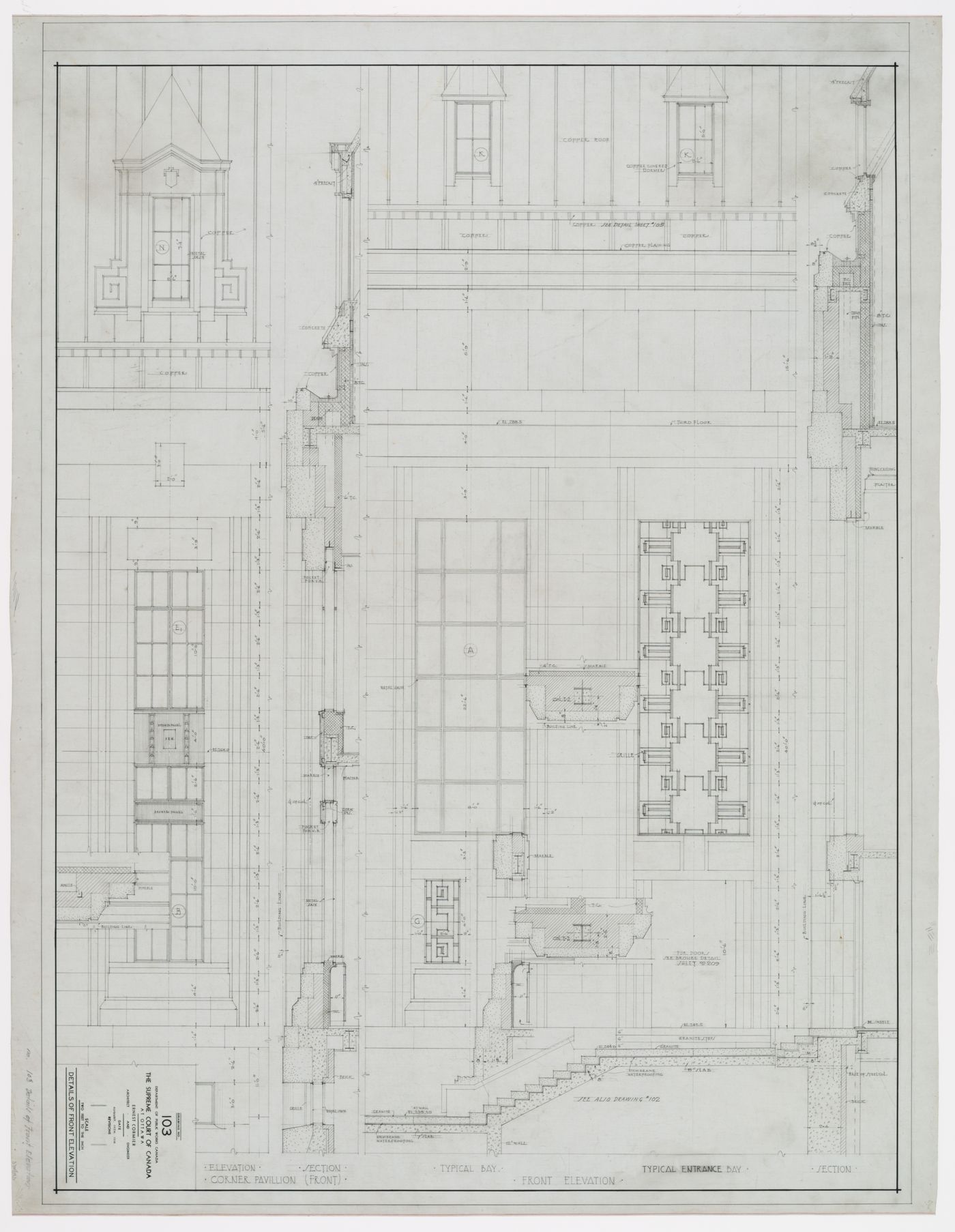 Détails divers de la façade, Cour suprême du Canada, Ottawa, Ontario, Canada (1937-1953, 1977)