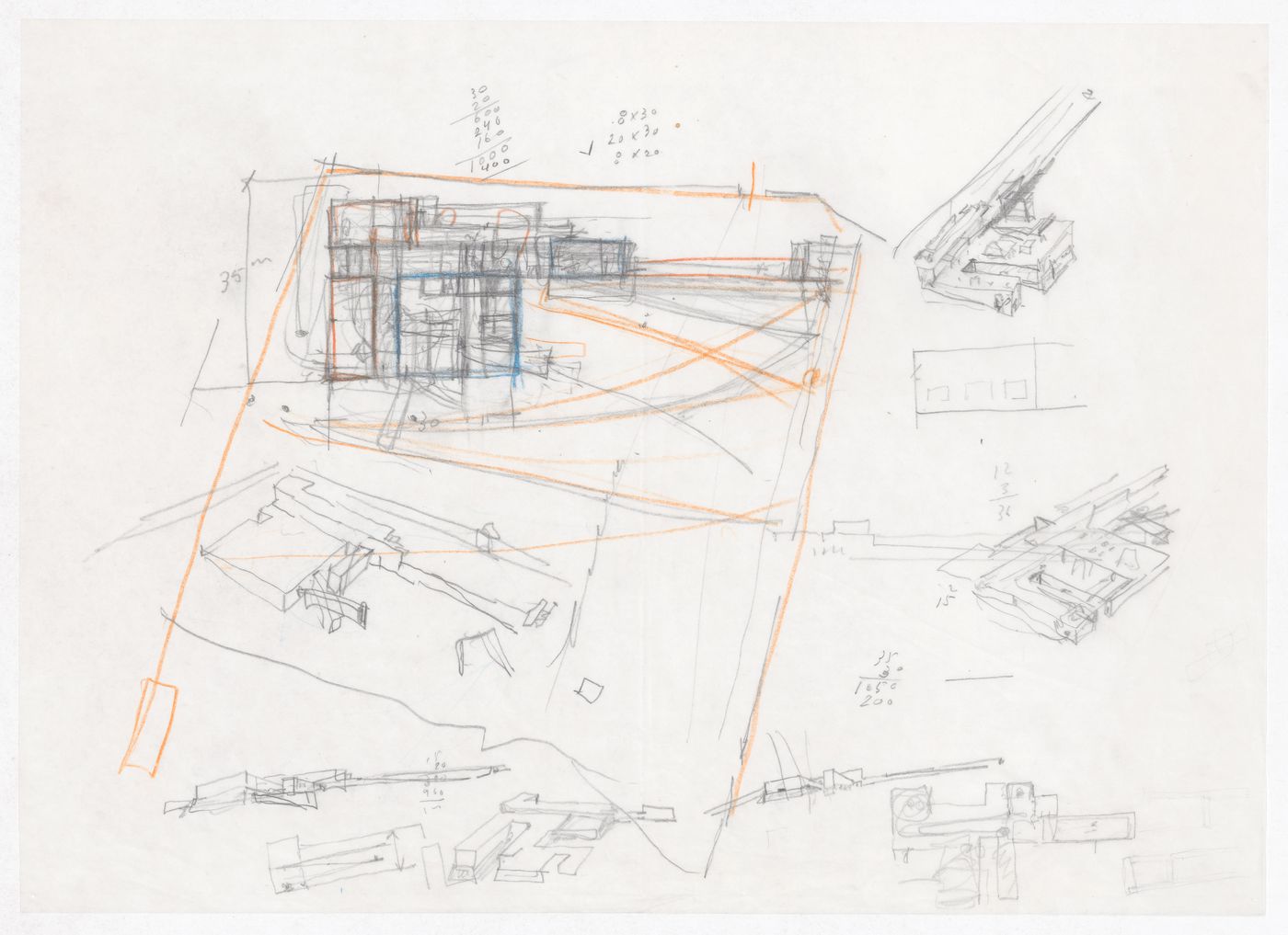 Sketch plan and axonometric views for Museu Granell, Santiago de Compostela, Spain